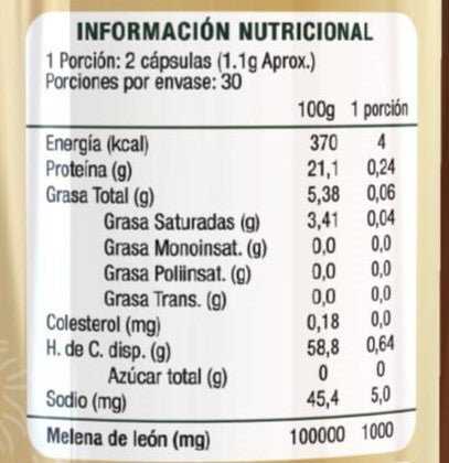 Melena de León 500 mg Extremo Sur, 60 Cápsulas (reverso)