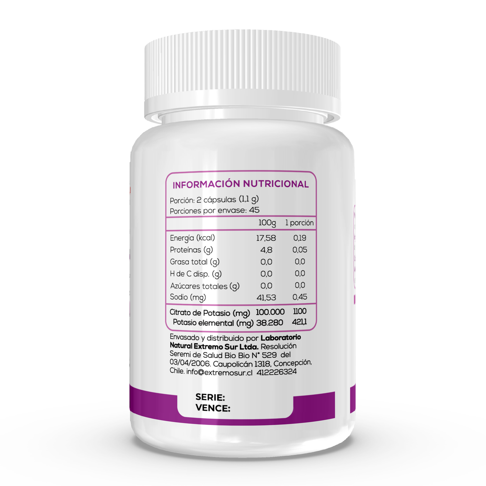 Potasio Citrato 550 mg Extremo Sur, 90 Cápsulas (reverso)