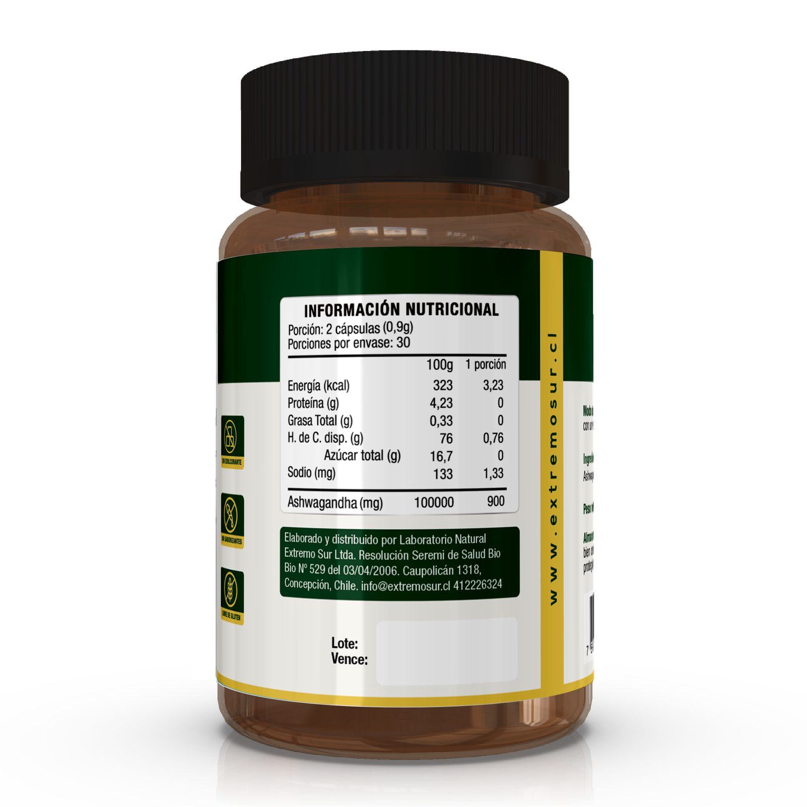 Ashwagandha 450 mg Extremo Sur, 60 Cápsulas Vegetales (reverso)