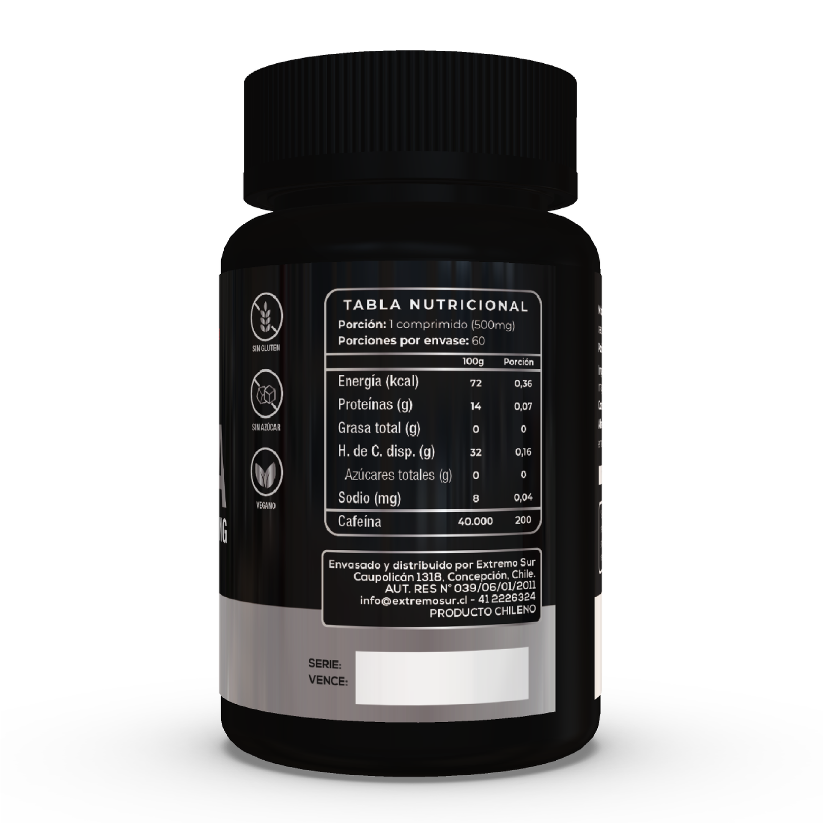 Cafeína 200 mg Extremo Sur, 60 Comprimidos (reverso)