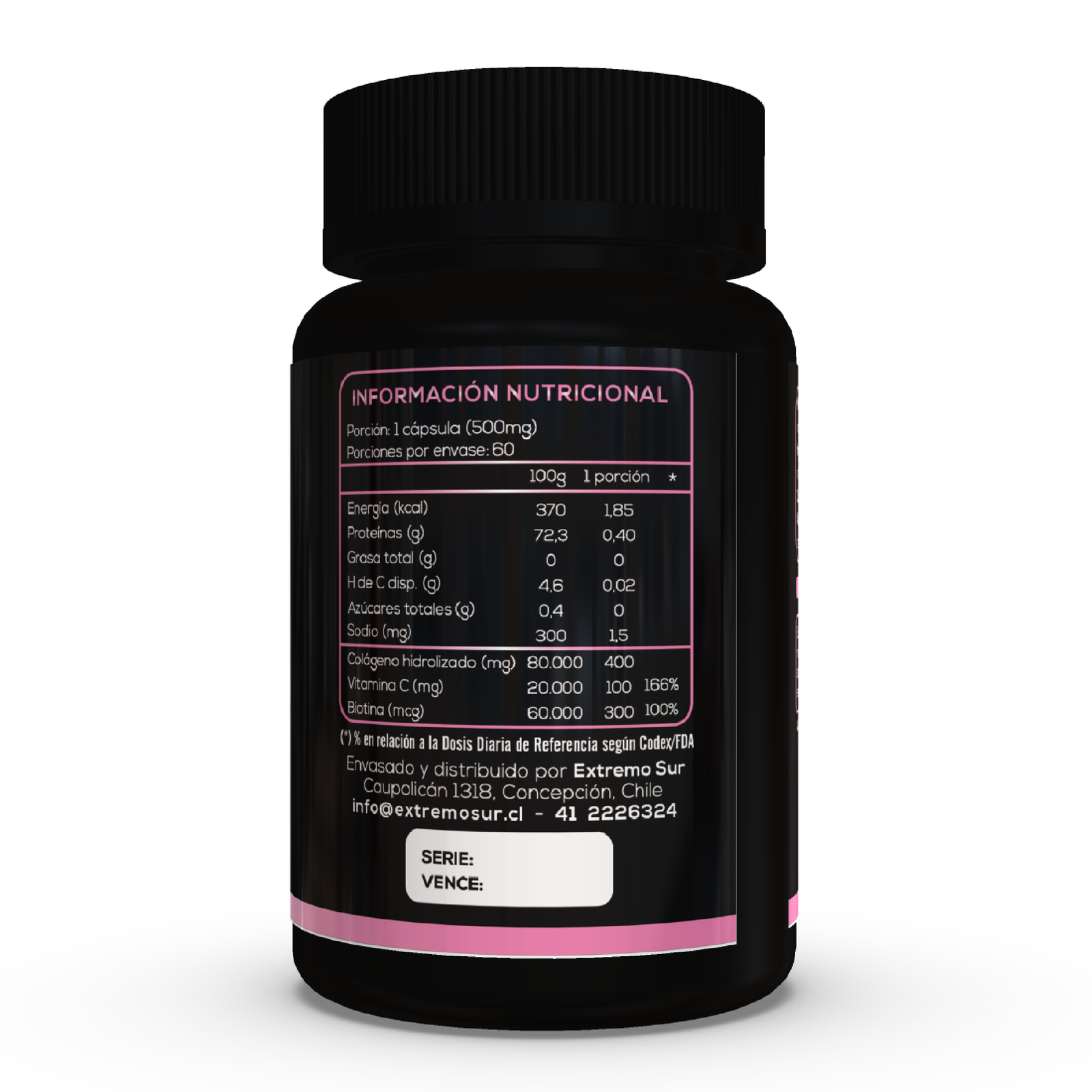 Biotina + Colágeno Hidrolizado + Vitamina C Extremo Sur, Cápsulas (reverso)